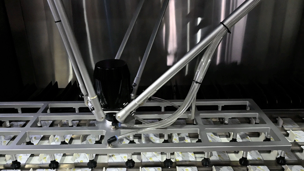 Step6 delta robot arm grabs the formed blister packs and moves them to the next cartoning station.