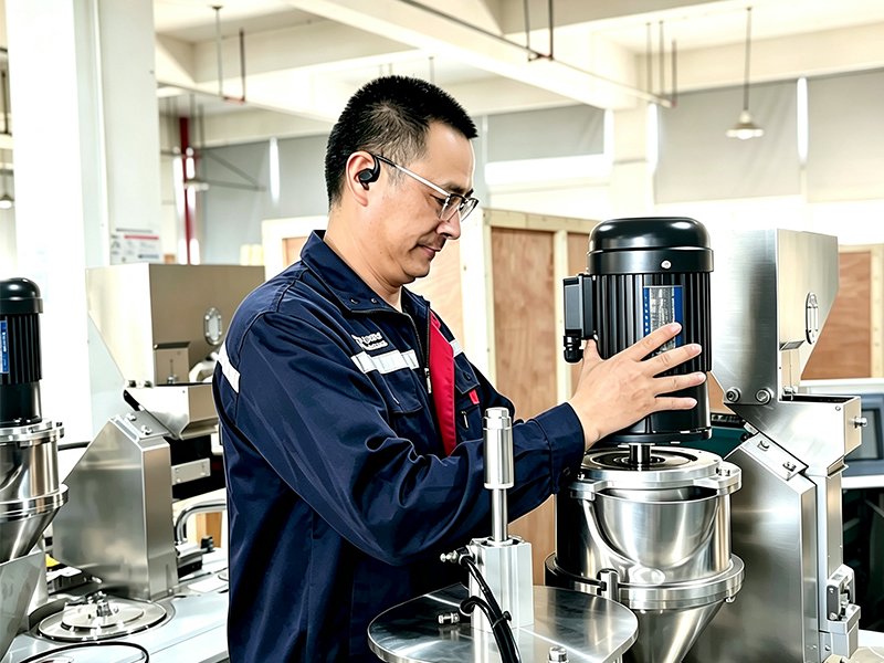 Fintech employee is debugging a semi-automatic capsule filling machine